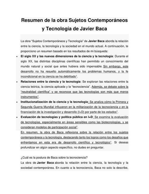 Resumen de la obra Sujetos Contemporáneos y Tecnología de Javier Baca