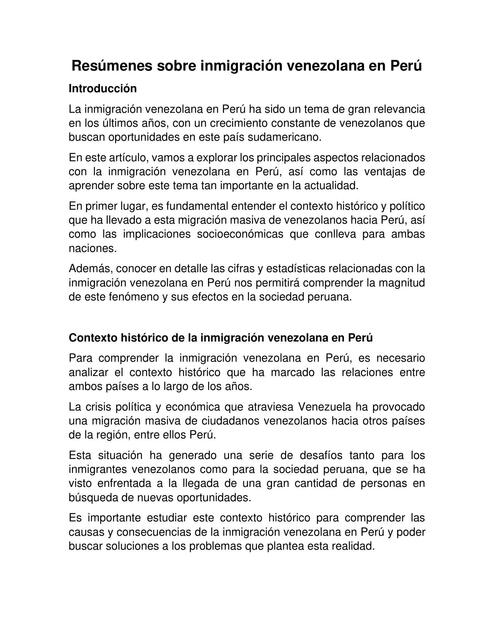 Resúmenes sobre inmigración venezolana en Perú