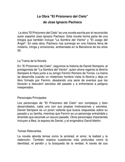 La Obra El prisionero del cielo de Jose Ignacio Pacheco