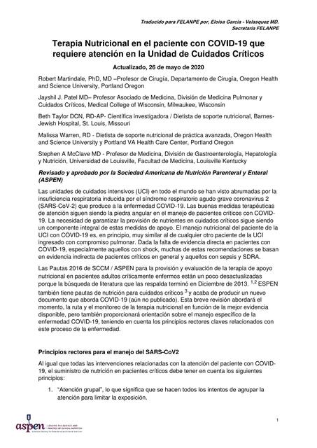 Terapia Nutricional en el paciente con COVID-19 que requiere atención en la Unidad de Cuidados Críticos