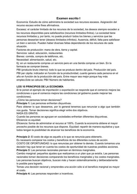 Examen escrito I economía y empresa