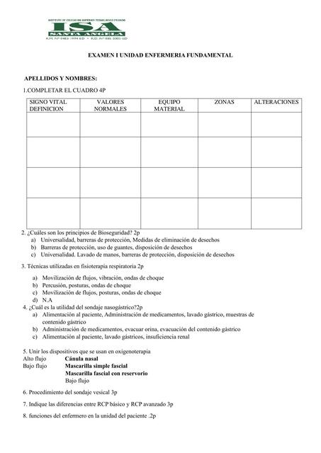 EXAMEN I UNIDAD ENFERMERIA FUNDAMENTAL