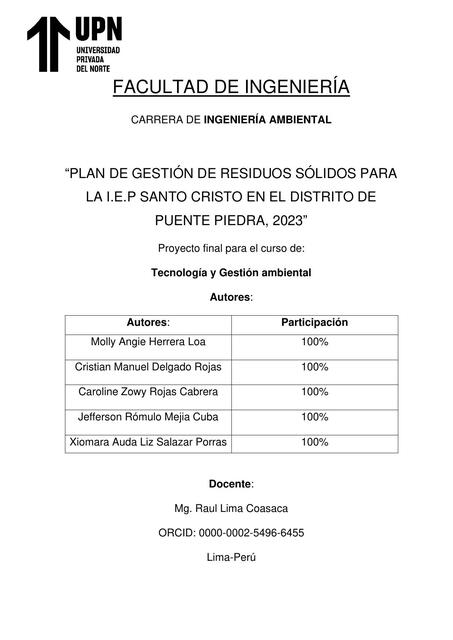 FINAL PLAN DE GESTIÓN DE RESIDUOS SÓLIDOS PARA LA