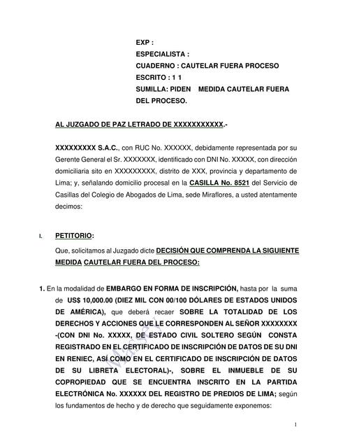 MODELO DE MEDIDA CAUTELAR FUERA DE PROCESO