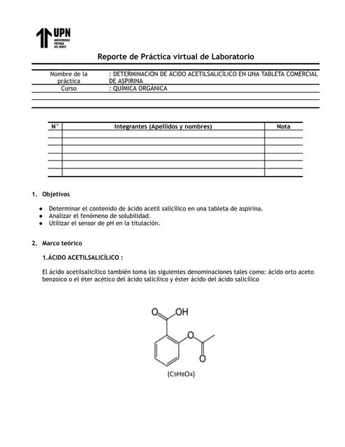 DETERMINACIÓN DE ÁCIDO ACETILSALICÍLICO EN UNA TAB