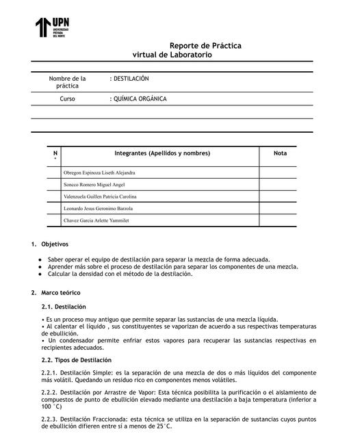 DESTILACION Reporte de resultados laboratorio docx