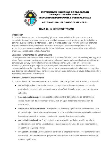 TEMA 10 EL CONSTRUCTIVISMO PEDAGOGÍA GENERAL