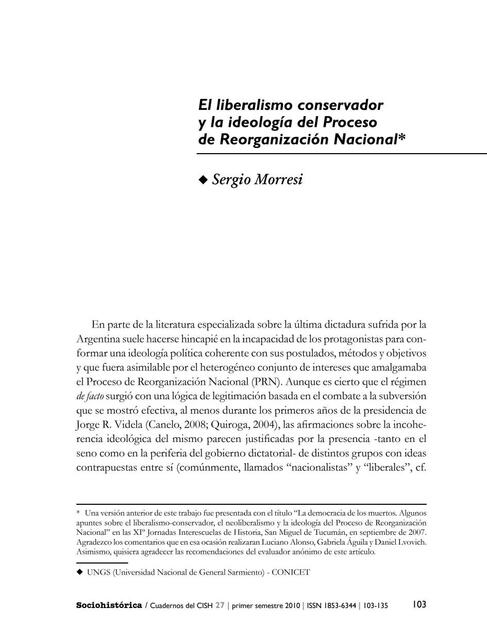 El liberalismo conservador y la ideología del proceso de reorganización nacional