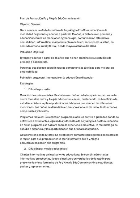 Plan de Promoción Fe y Alegría Edu Comunicación