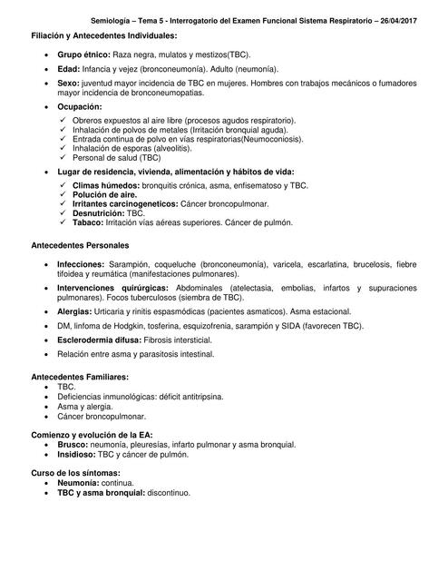 Tema 5 Interrogatorio del Examen Funcional Sistema respiratorio 