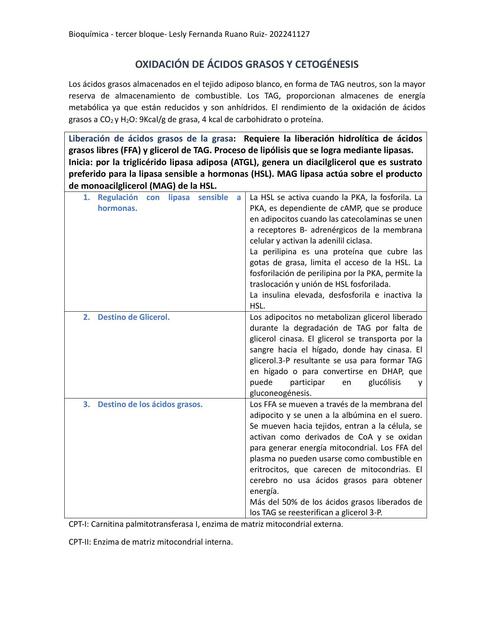 Oxidación de ácidos grasos y Cetogénesis resumen