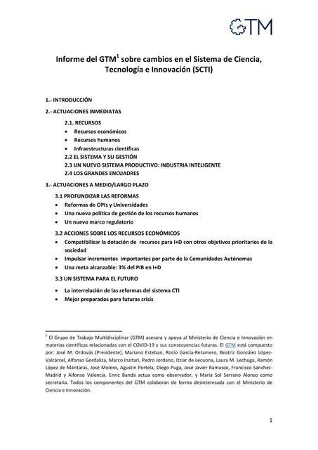 Informe del GTM sobre cambios en el sistema de ciencia tecnología e innovación