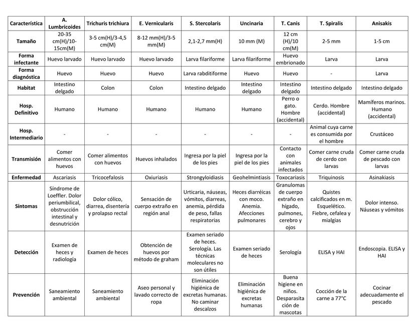 TABLA RESUMEN PARASITOLOGIA