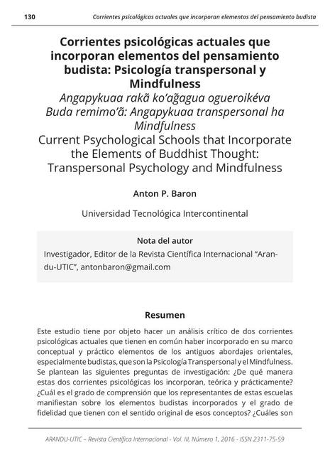 Corrientes psicológicas actuales que incorporan elementos del pensamiento budista: psicología transpersonal y mindfulness 