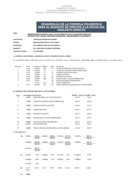 Calculo de Reajustes de Precios PUENTE PENCAYO