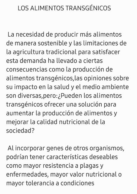 Texto expositivo sobre los alimentos transgénicos