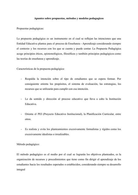 Apuntes sobre propuestas métodos y modelos pedagógicos