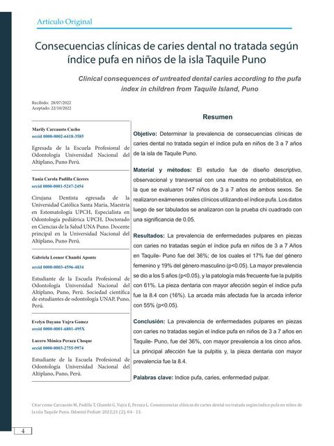 Consecuencias clínicas de caries dental no tratada según índice pufa en niños de la isla Taquile Puno