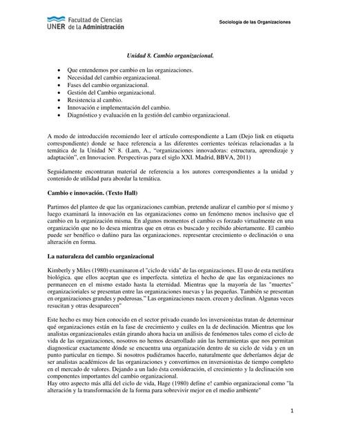 Sociologia de las organizaciones - Unidad 8 cambio organizacional