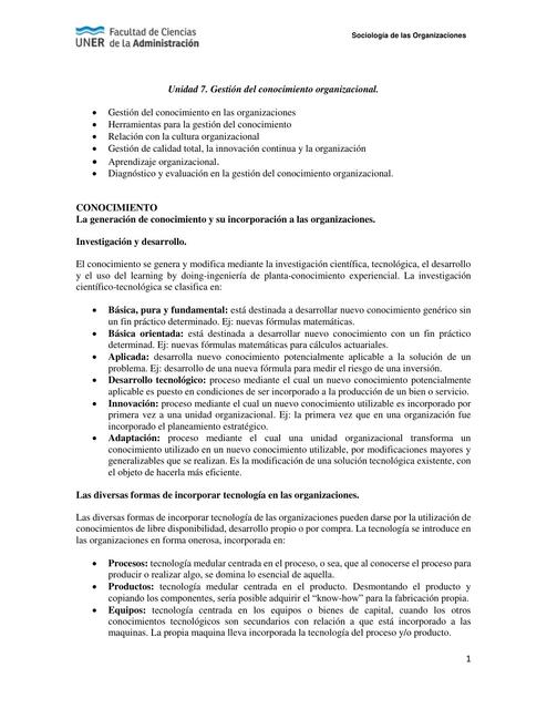 Sociologia de las organizaciones - Unidad 7 gestion del conocimiento