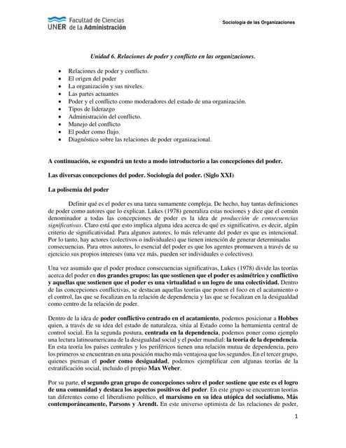 Sociologia de las organizaciones - Unidad 6 relaciones de poder