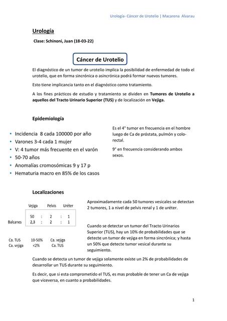 Resumen Cáncer de Urotelio Urología