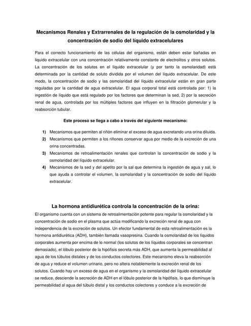 Mecanismos Renales y Extrarrenales de la regulación de la osmolaridad y la concentración de sodio del líquido extracelulares