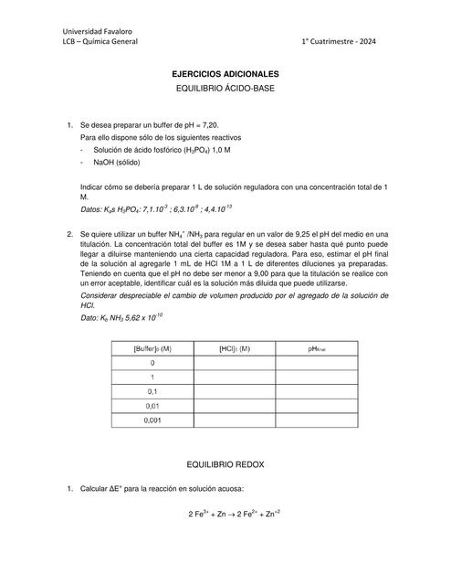 EJERCICIOS SUPLEMENTARIOS Equilibrio Ácido base Re