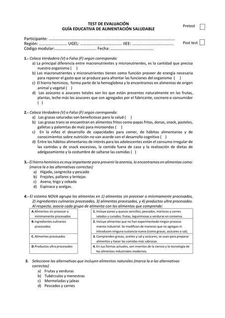 TEST DE EVALUACIÓN ALIMENTACION SALUDABLE TEORIA