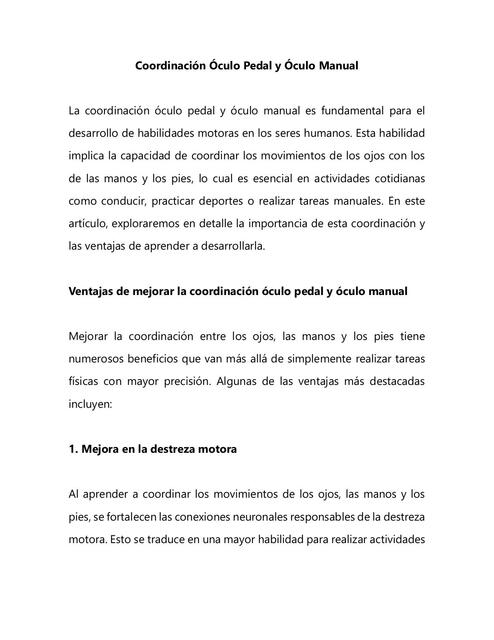 Coordinación óculo pedal y óculo manual Apuntes Médicos uDocz