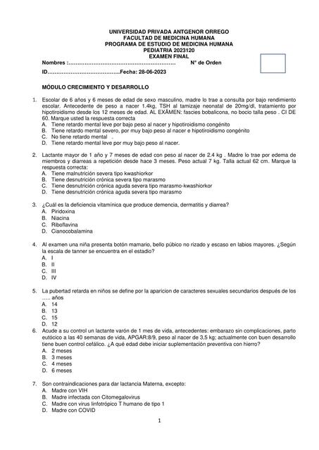 Examen Final Pediatría UPAO 2023 Completo