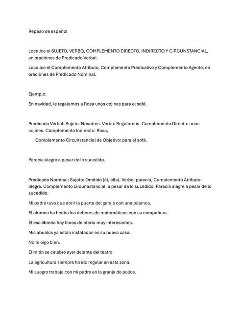 Repaso de Español Examen de Complementos