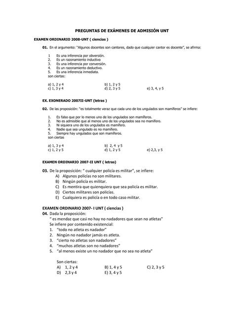 PREGUNTAS DE EXAMENES DE ADMISION UNT