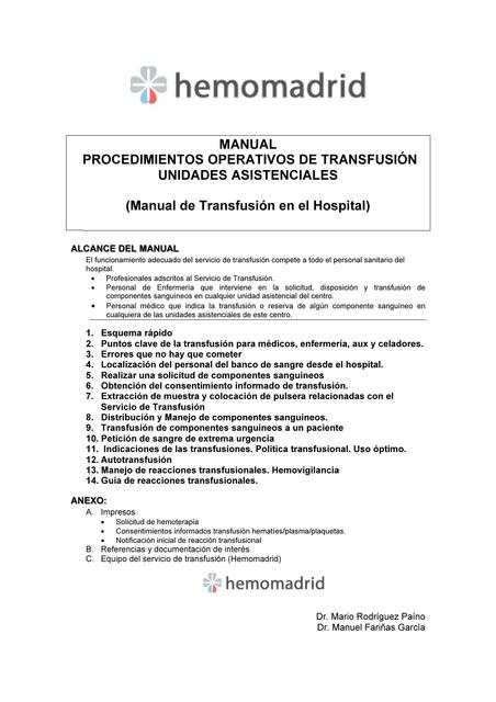 Procedimientos operativos de transfusión 