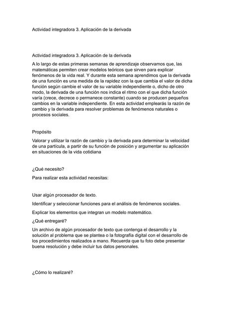 ACTIVIDAD INTEGRADORA APLICACIÓN DE LA DERIVADA