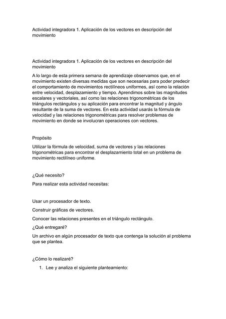 ACTIVIDAD INTEGRADORA APLICACIÓN DE LOS VECTORES EN DESCRIPCION DEL MOVIMIENTO