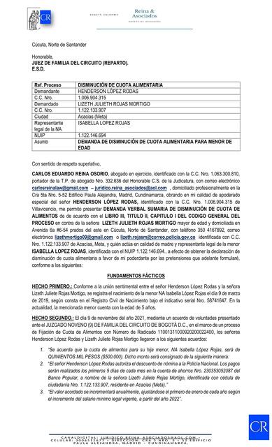 DEMANDA DE DISMINUCIÓN DE CUOTA DE ALIMENTO MINUTA