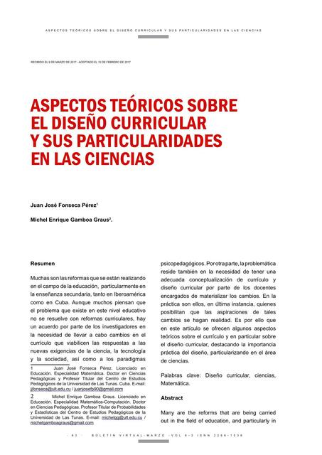 Aspectos teóricos sobre el diseño Curricular Y Su particularidades en las ciencias 