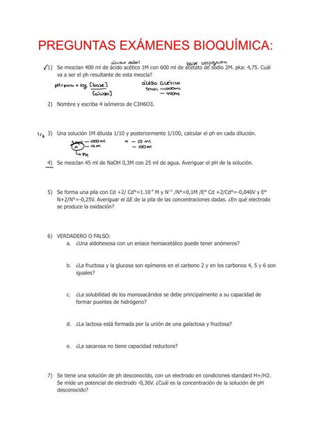 Examen Parcial 1 Bioquímica preguntas tipo