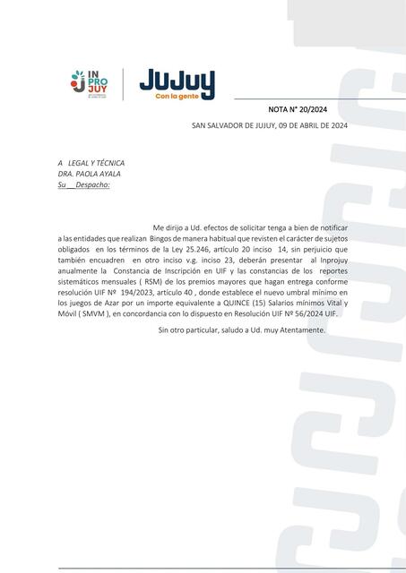 NOTA 20 A LEGAL Y TÉCNICA SOBRE NOTIFICACION A BIN