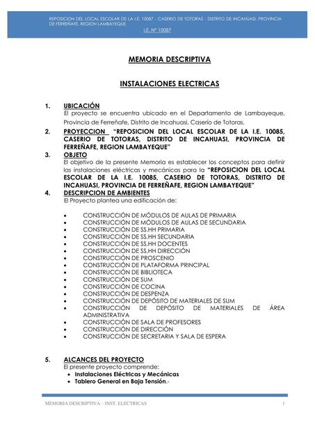 MEMORIA DESCRIPTIVA ELECTRICA