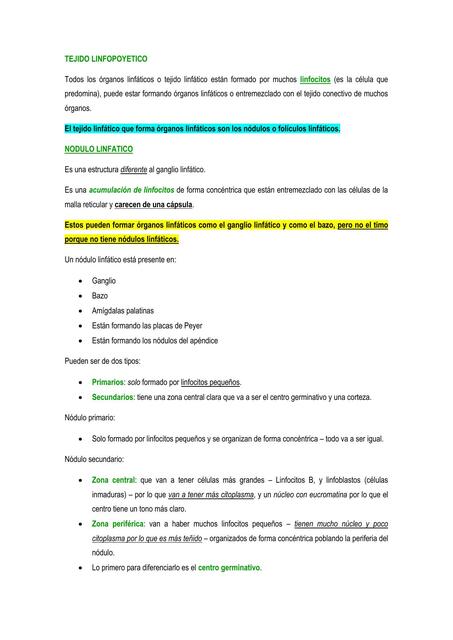 APUNTES TEJIDO LINFOPOYETICO 1ER PARCIAL