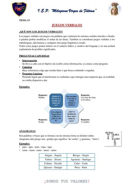 CUARTO GRADO TEMA 13 JUEGOS VERBALES