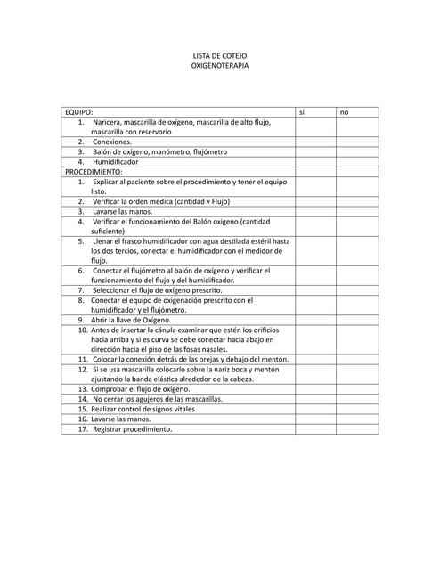 lista de cotejo oxigenoterapia