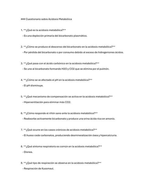 cuestionario acidosis metabolica