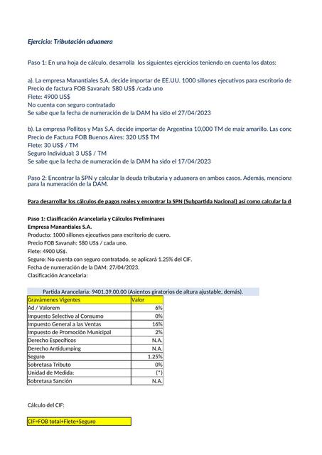 Ejercicio de tributación aduanera