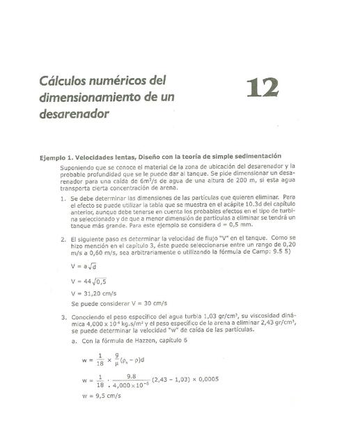 Cálculos numéricos del dimensionamiento de una desarenador 