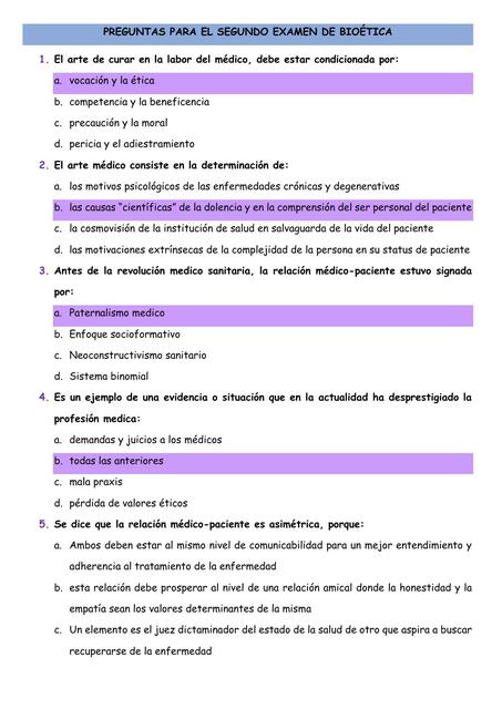 BANCO DE PREGUNTAS - BIOÉTICA - UNIDAD II