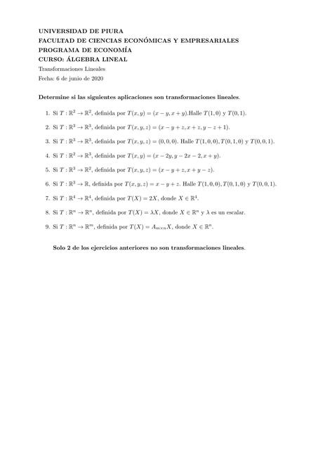 Transformaciones Lineales Ejercicios