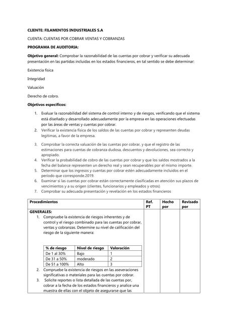 PROGRAMA DE AUDITORIA DEL CUENTAS POR COBRAR